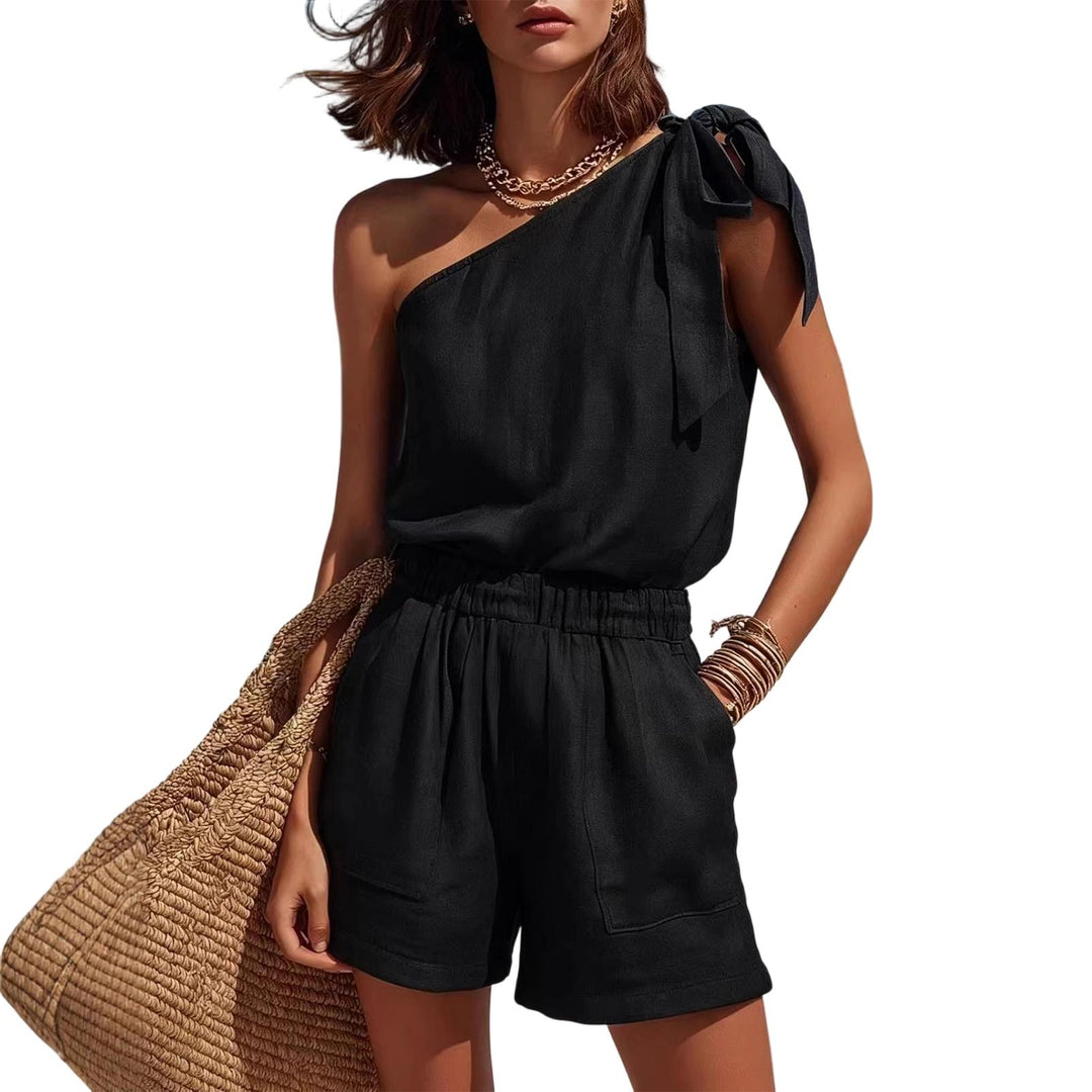 2 Piece Summer Outfits for Women Asymmetrical Shoulder Summer Sleeveless Blouse and Shorts for Daily Wear smart
