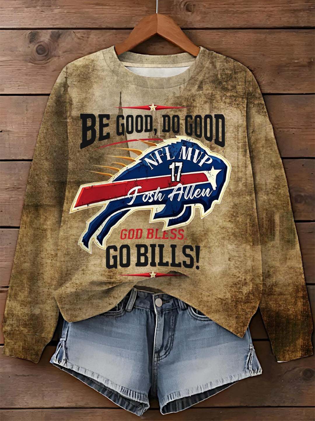 Retro Bills Football Printed Long Sleeve Casual Top