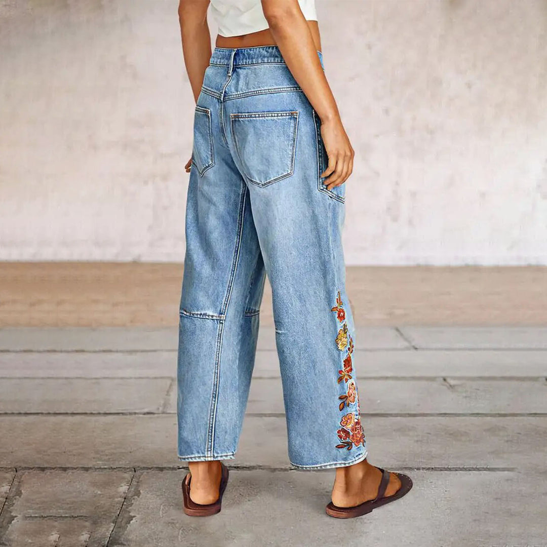 Cropped Jeans for Women Floral Embroidered Casual Summer Straight Leg Jeans Mid Rise Denim Pants for Travel thrifty