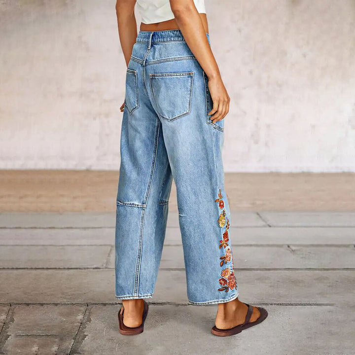 Cropped Jeans for Women Floral Embroidered Casual Summer Straight Leg Jeans Mid Rise Denim Pants for Travel thrifty