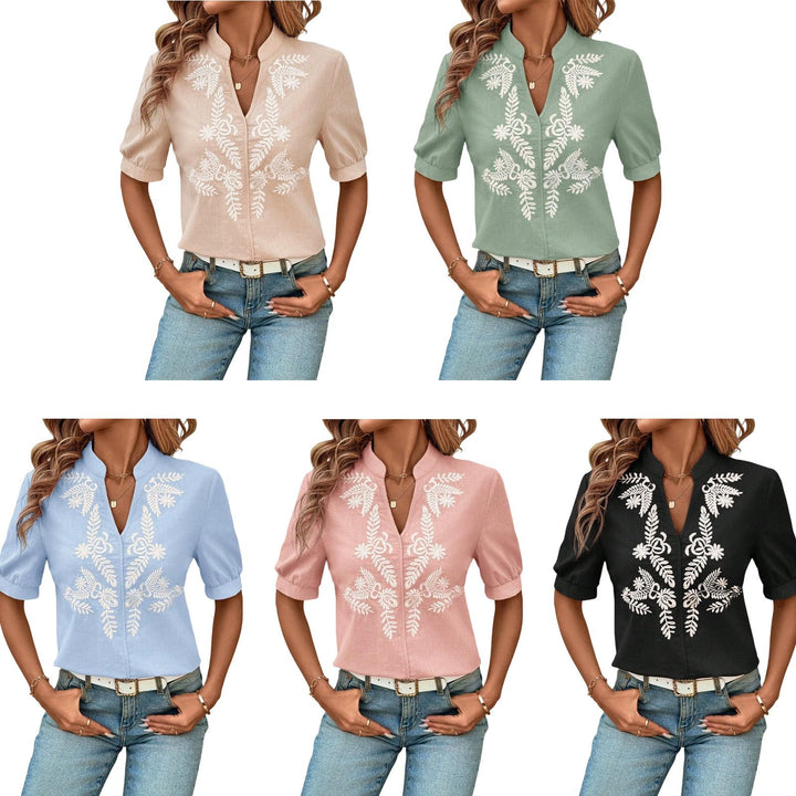 Embroidered Blouses for Women V Neck Floral Embroidered Top Short Sleeve Blouses Fashion Clothes for Travel generous