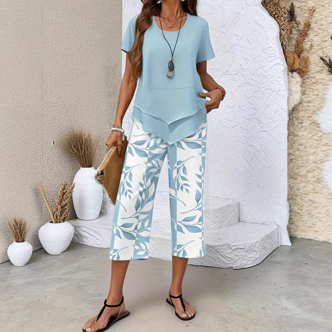 2 Piece Sets for Women Summer Crewneck Short Sleeve Shirts and Wide Leg Capri Pants Lounge Outfit for Travel gently