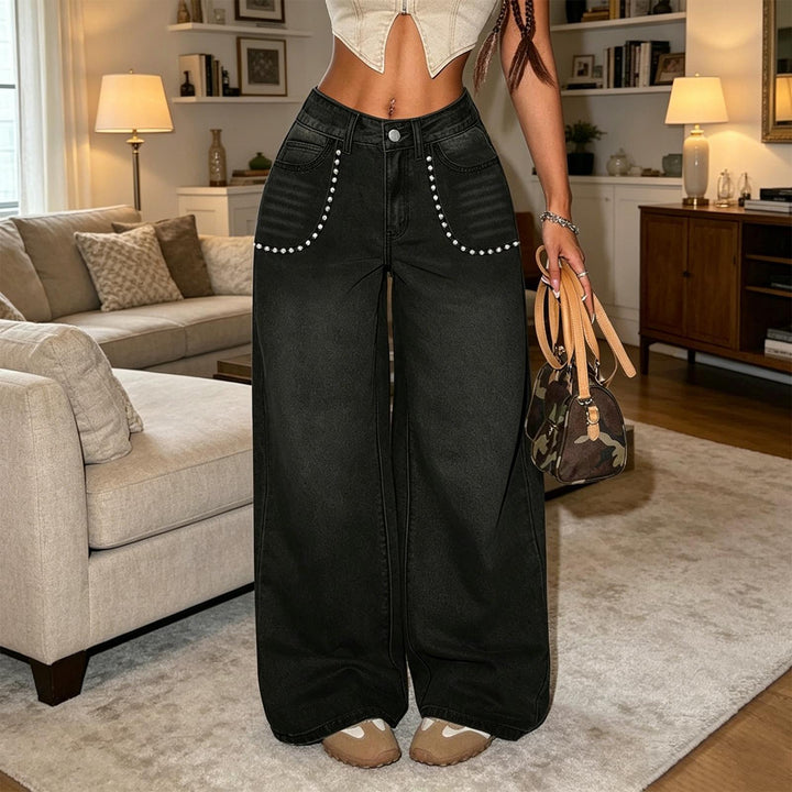 Wide Leg Womens Jeans Low Rise Wide Legs Denim Pants Loose Studded Jean with Pocket for Vacation Going Out cosy