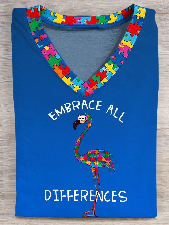 Women Autism Puzzle Flamingo Short Sleeve V-Neck T-Shirt