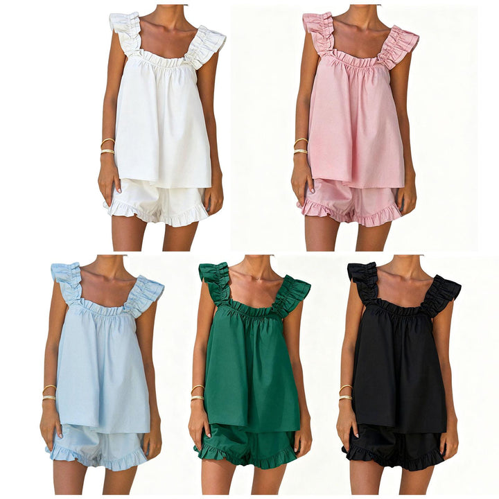 Shorts and Tank Pajama Set Ruffle Square Neck Sexy Sleeveless Loungewear Sleepwear Pj Set for Travel Home right