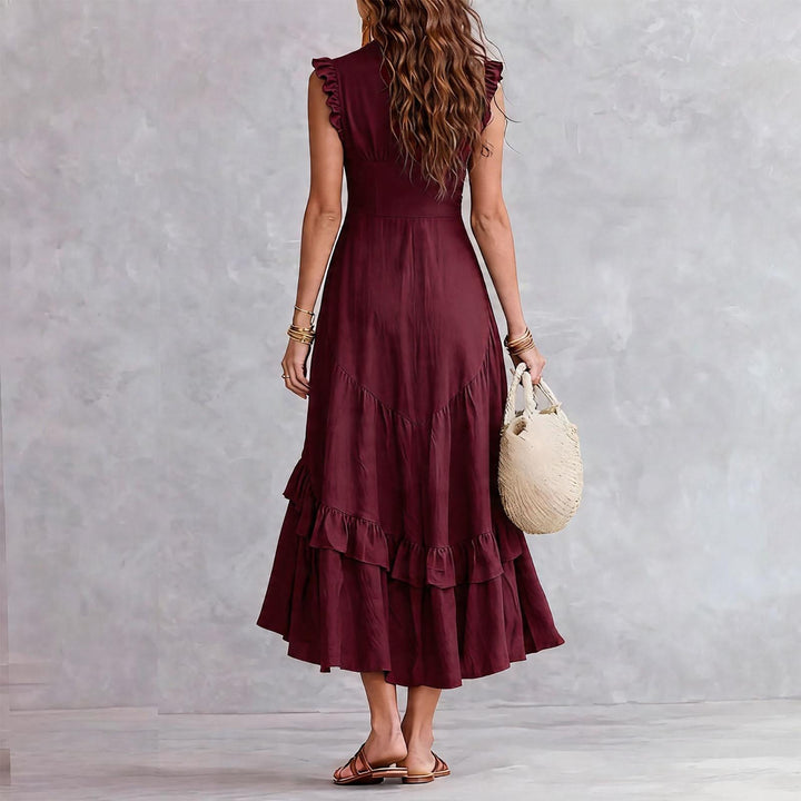 Ruffle Dress Long V Neck Button Flowy Cap Sleeve Summer Maxi Dresses Casual Beach Clothes for Beach Vacation serviceable
