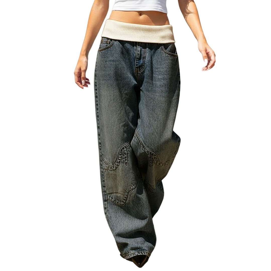 Womens Low Rise Baggy Jeans Fold-Over Elastic Waist Wide Leg Jeans Denim Pants Loose Fit Trousers for Club appropriate