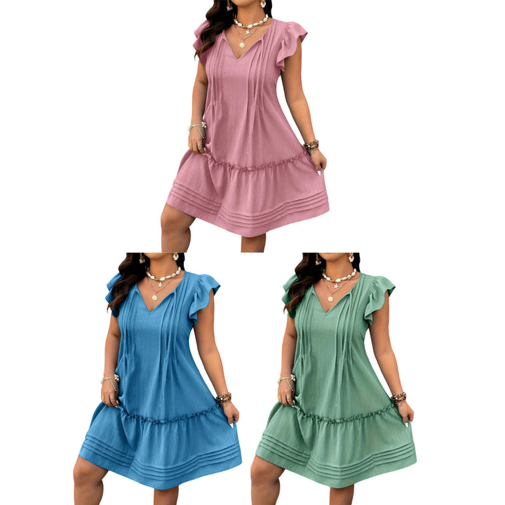 Ruffle Sleeve Dress Tie Front V Neck Casual Ruffle Short Sleeve Flowy Dresses Beach Clothes for Daily Wear convenient