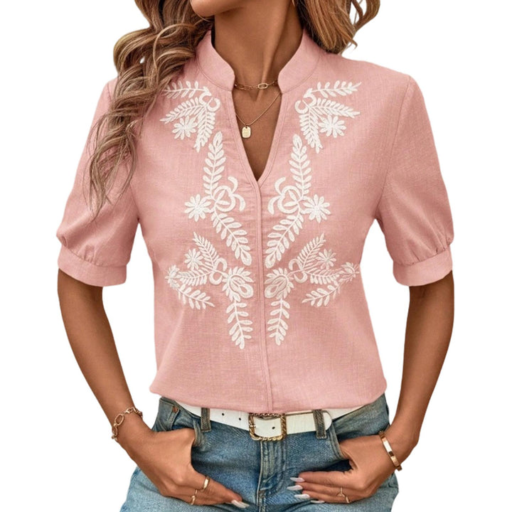 Embroidered Blouses for Women V Neck Floral Embroidered Top Short Sleeve Blouses Fashion Clothes for Travel generous