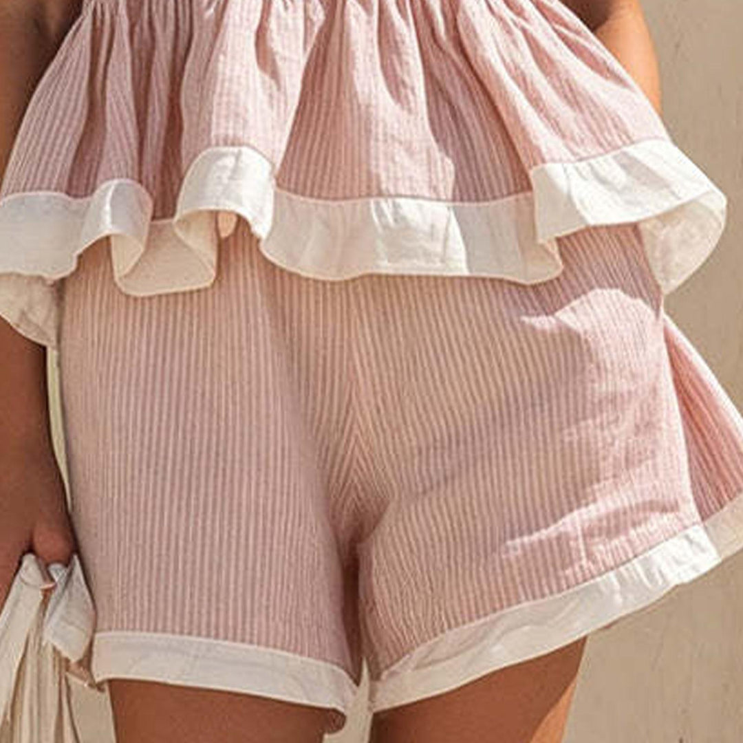 Striped Sets Women 2 Piece Outfits Ruffle Hems Striped Peplum Babydoll Tops Lounge Short Sets for Dating cool