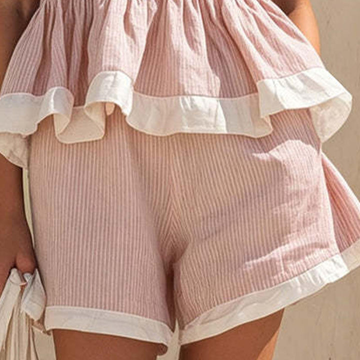 Striped Sets Women 2 Piece Outfits Ruffle Hems Striped Peplum Babydoll Tops Lounge Short Sets for Dating cool