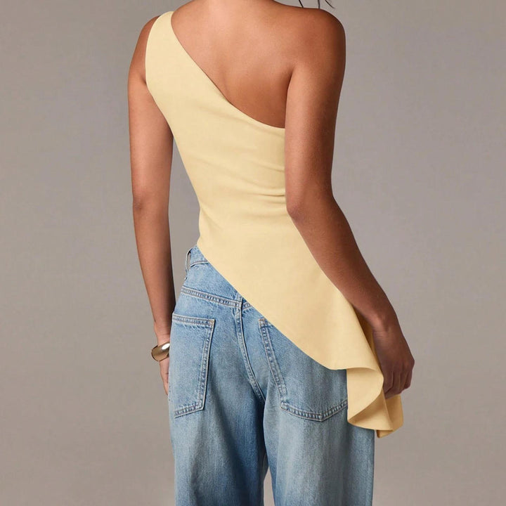 Off Shoulder Ruffle Top Asymmetrical Neck Summer Going Out Sexy Elegant Ruched Sleeveless Tops for Datng friendly