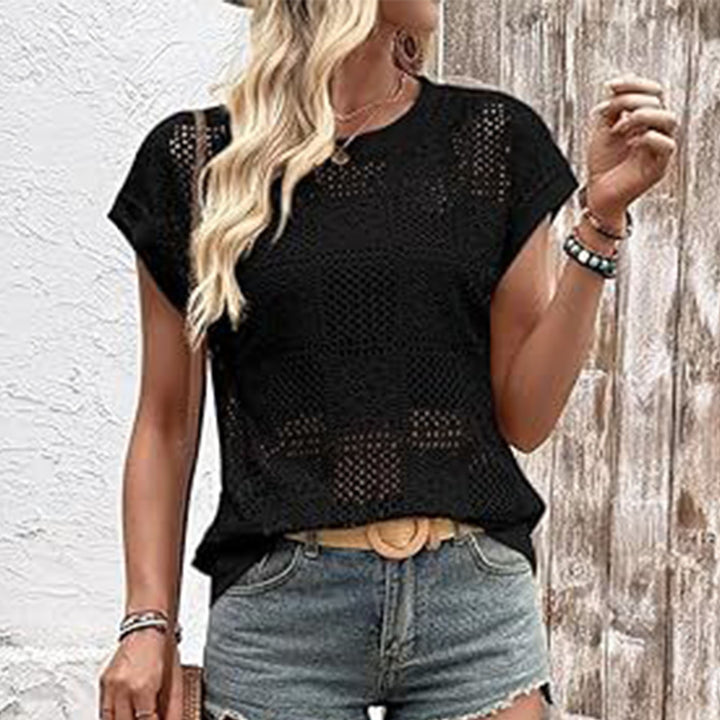 Crochet Top Cap Sleeve Hollow Out Blouse Lightweight Beach Vacation Clothes for Daily Wear Dating Travel dependable