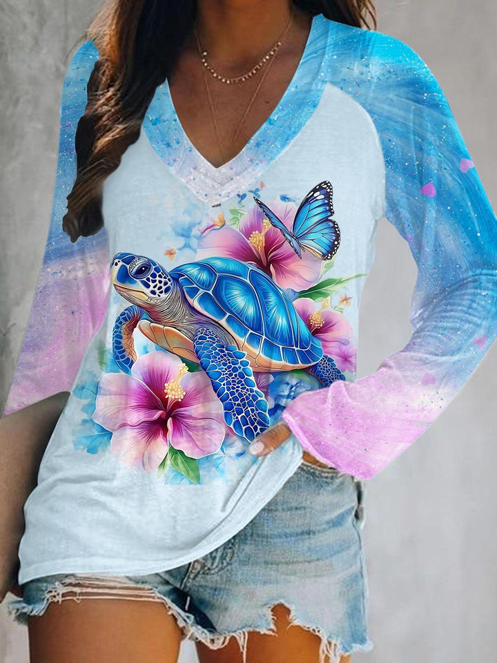 Traveling Turtle Print V-Neck Long Sleeve Top