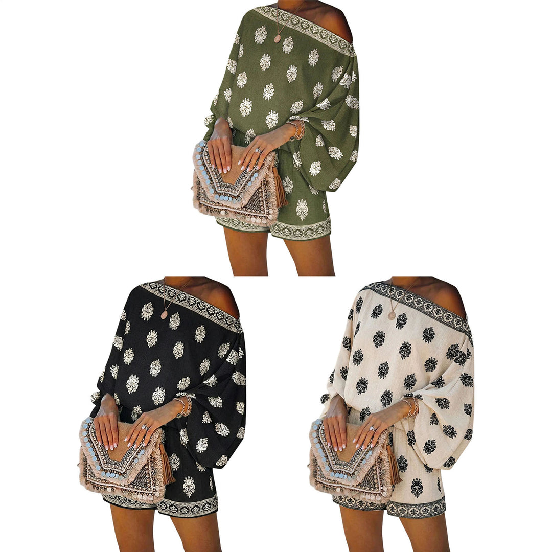 Boho Rompers for Women Off The Shoulder Casual Boho Jumpsuit Loose Lantern Sleeve Rompers for Vacation Beach ingenious