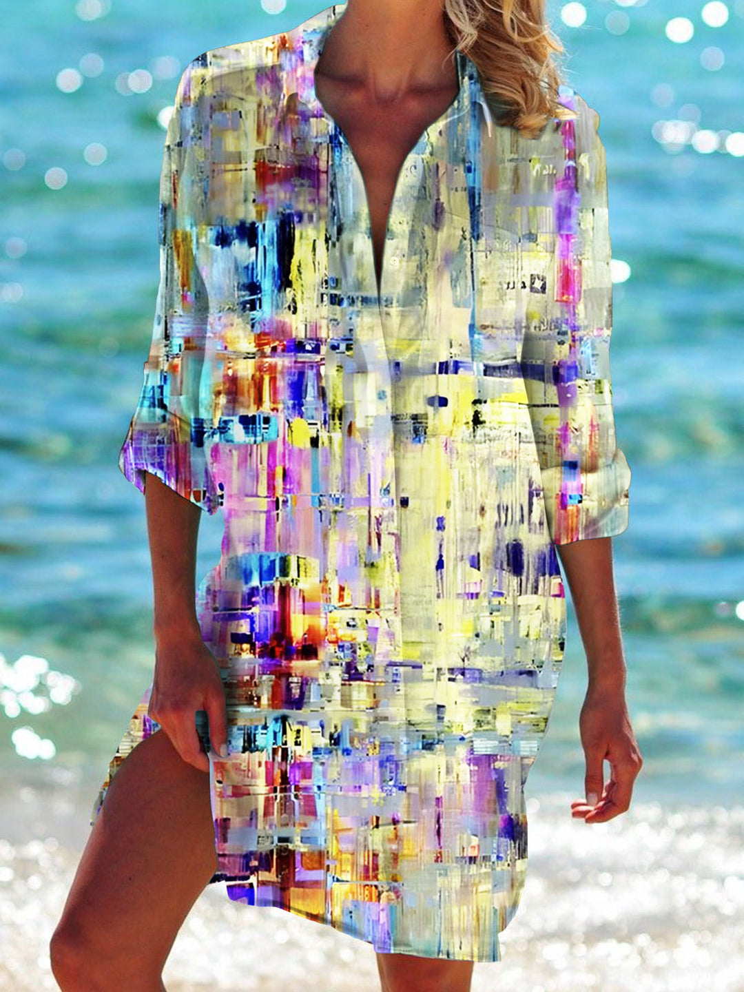 Women's Abstract Print Casual Long Sleeve Beach Shirt Dress