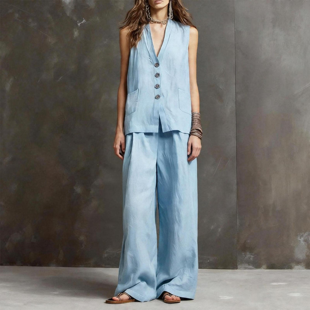 Womens Vest and Pants Set Two Piece Button Down Vest Top and Wide Leg Pants Casual Outfits for Work Travel ideal
