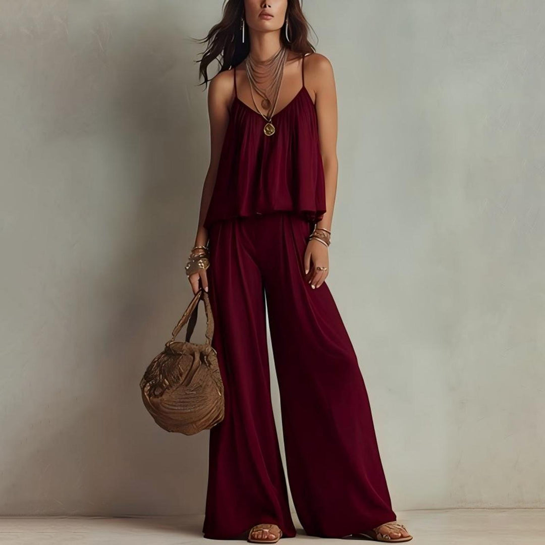 Womens Two Piece Sets Summer Spaghetti Strap Solid Color Bustier Wide Leg Pant Going Out Clothes for Party heathly