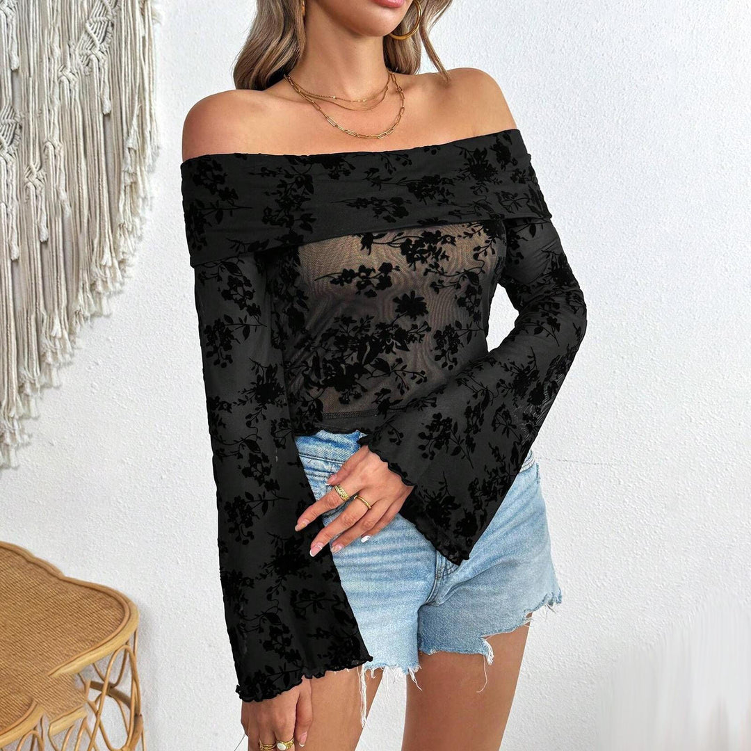 Off The Shoulder Mesh Top Flare Long Sleeve Summer Slim Fit Off Shoulder Flocked Mesh Tops for Daily Wear stylish