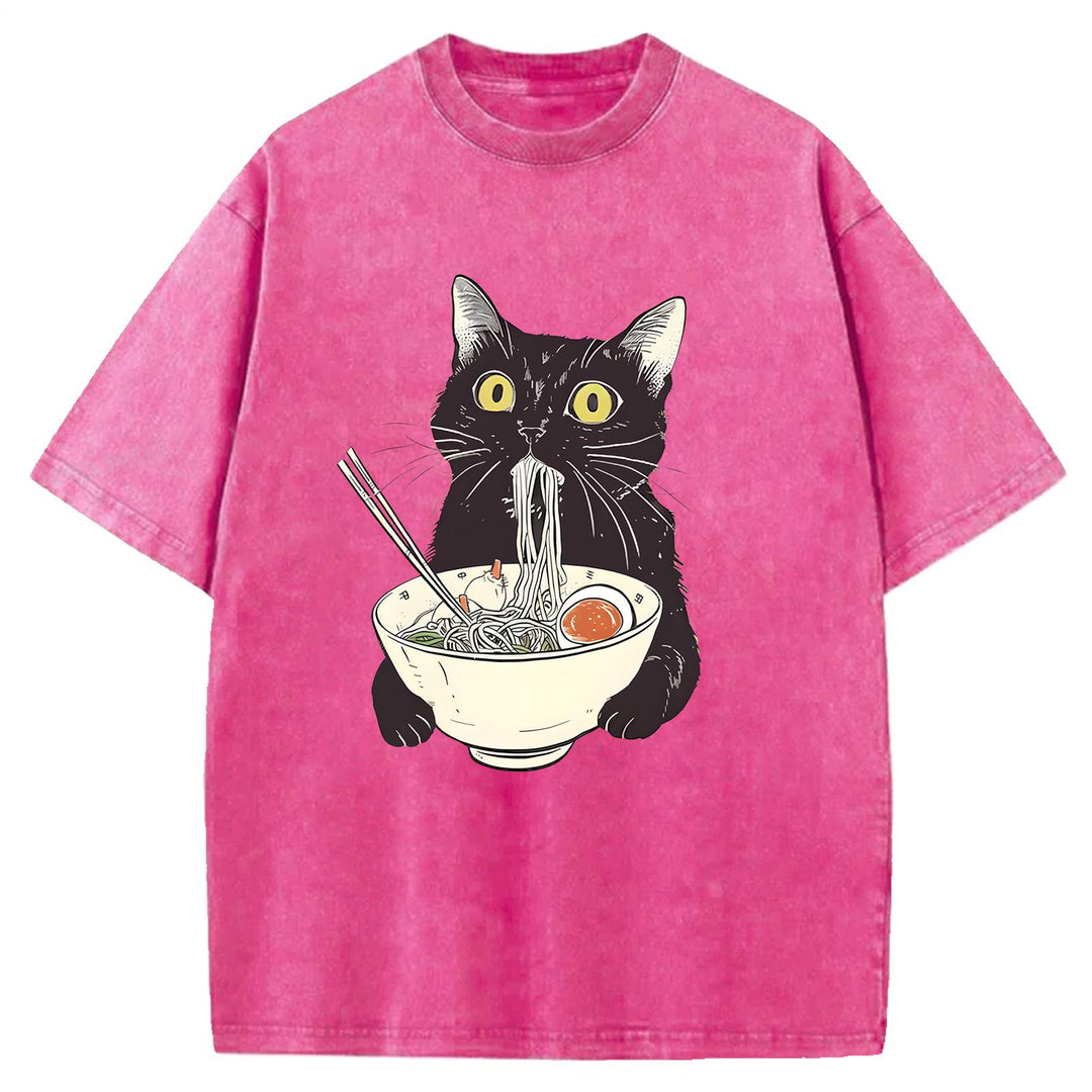 Black Cat Eating Ramen Washed Crew Neck T-Shirt