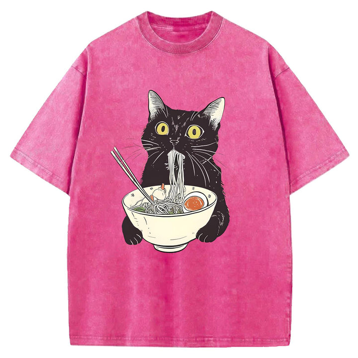 Black Cat Eating Ramen Washed Crew Neck T-Shirt