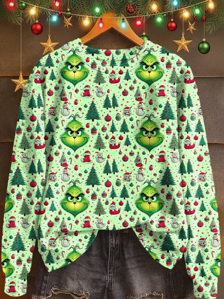 Christmas Grinch Print Long Sleeve Casual Top