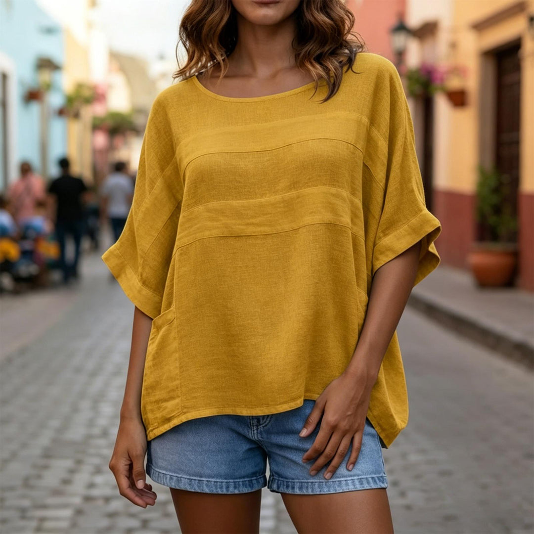 Women's Linen Shirt 3/4 Sleeve Casual Linen Tunic Blouse Crew Neck Peasant Shirts for Travel Daily Wear applied