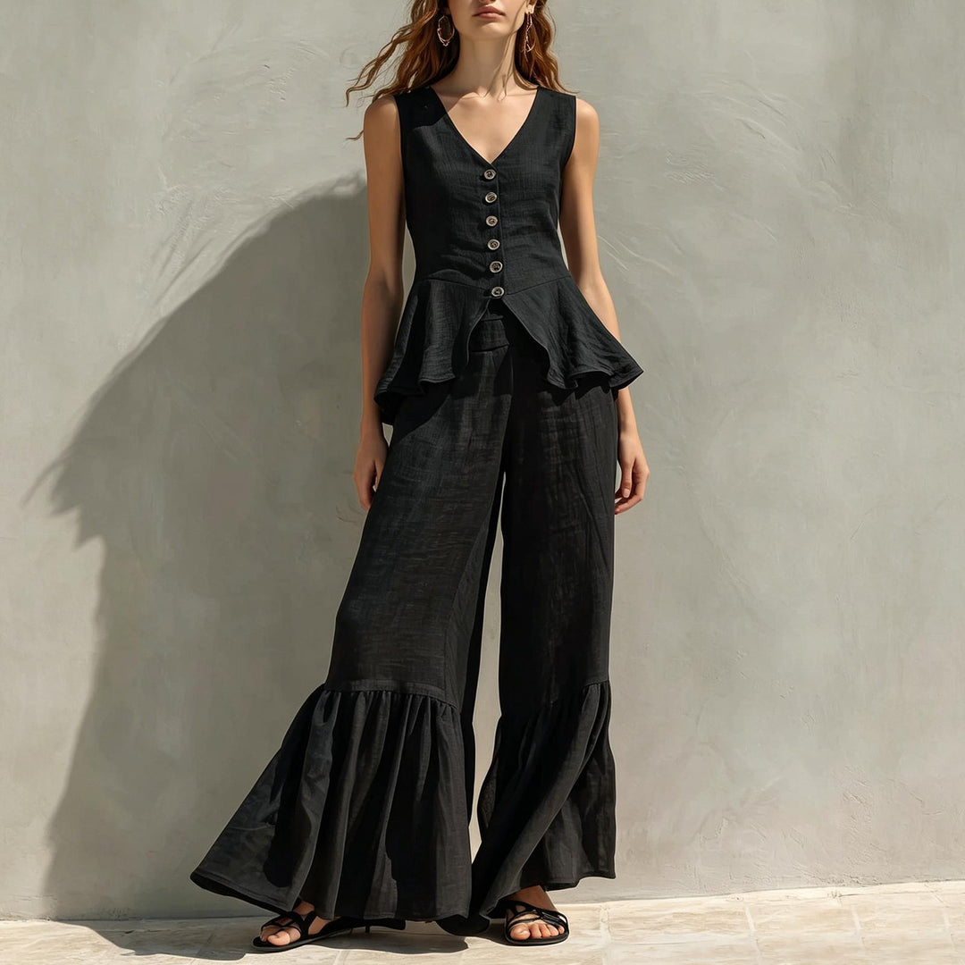 Women Two Piece Outfits Sets V Neck Sleeveless Peplum Top and Ruffle Flare Leg Pants Set for Dating Travel astonishing