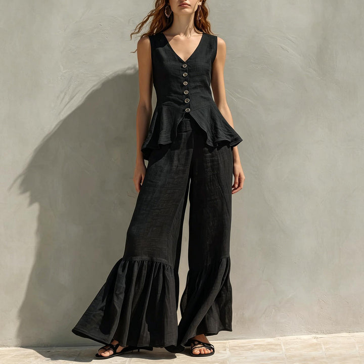 Women Two Piece Outfits Sets V Neck Sleeveless Peplum Top and Ruffle Flare Leg Pants Set for Dating Travel astonishing