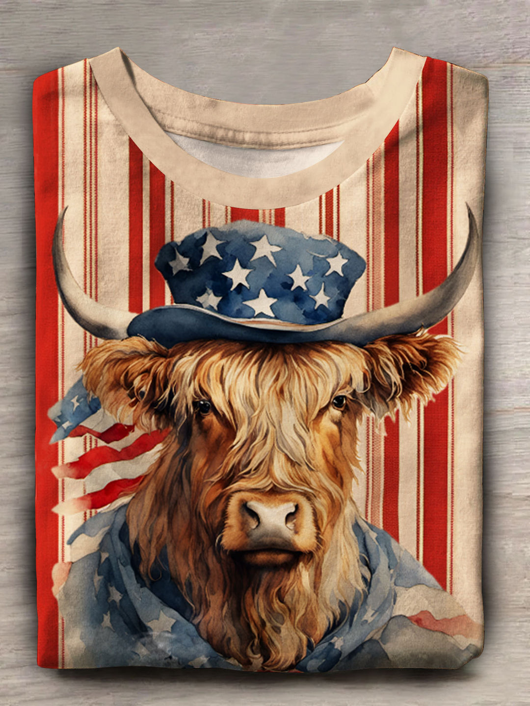 USA Highland Cow Print Crew Neck T-shirt