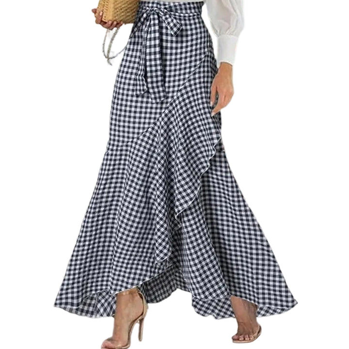Long Plaid Skirt Mermaid A Line Women High Waist Flowy Ruffle High Low Skirts Waist Tie Clothes Daily Wear capable