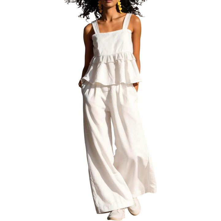 2 Piece Summer Sets for Women Ruffle Casual Summer Sleeveless Peplum Top and Wide Leg Pants Sets for Leisure workable