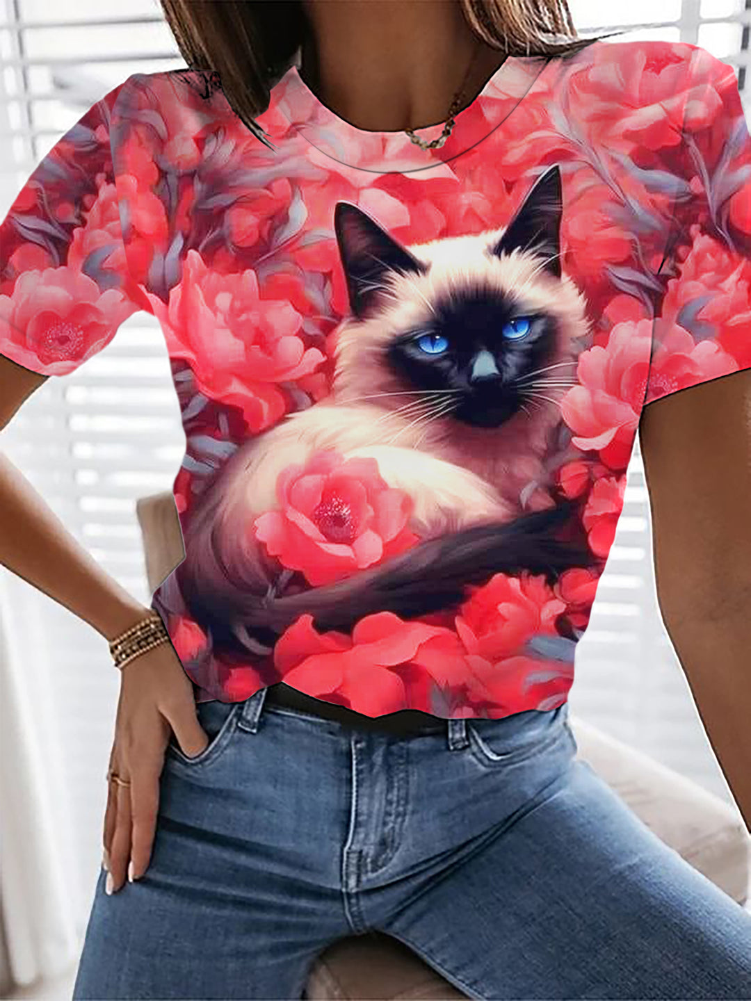 Cat In Flower Bush Crew Neck T-shirt