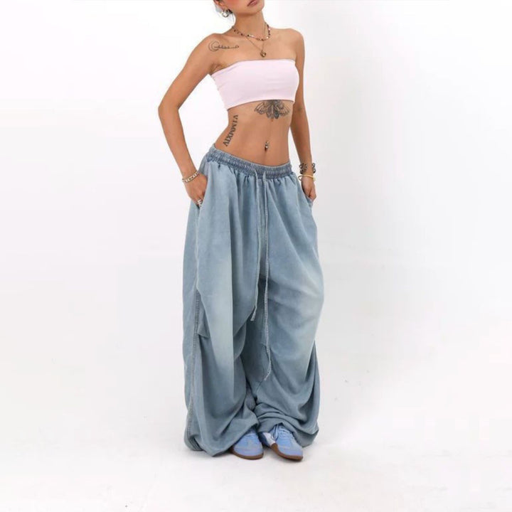 Womens Elastic Waist Jeans Low Rise Vintage Baggy Barrel Jeans Streetwear Loose Fit Denim Pants for Travel candid