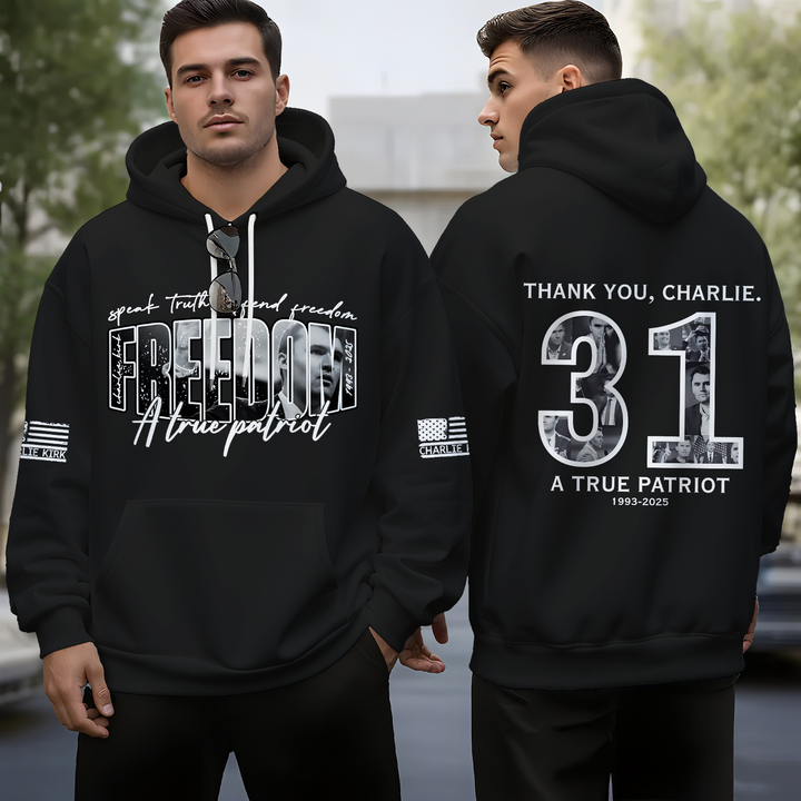 Unisex Charlie Kirk Freedom Long Sleeve Hooded Pocket Sweatshirt