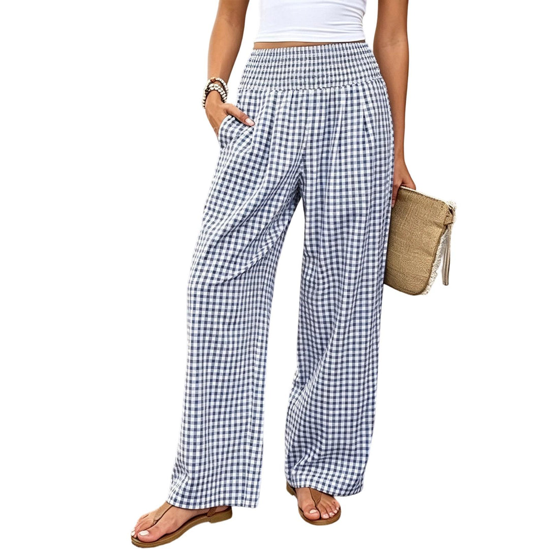 Women Gingham Pants Smocked Waist Plaid Pajama Lounge Pants Wide Leg Trousers with Pocket for Daily Wear gently