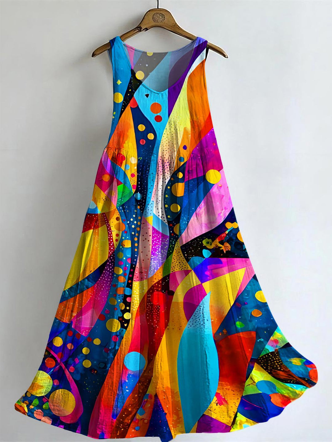 Colorful Abstract Geometric Polka Dot V-neck Bamboo Linen Sleeveless Dress