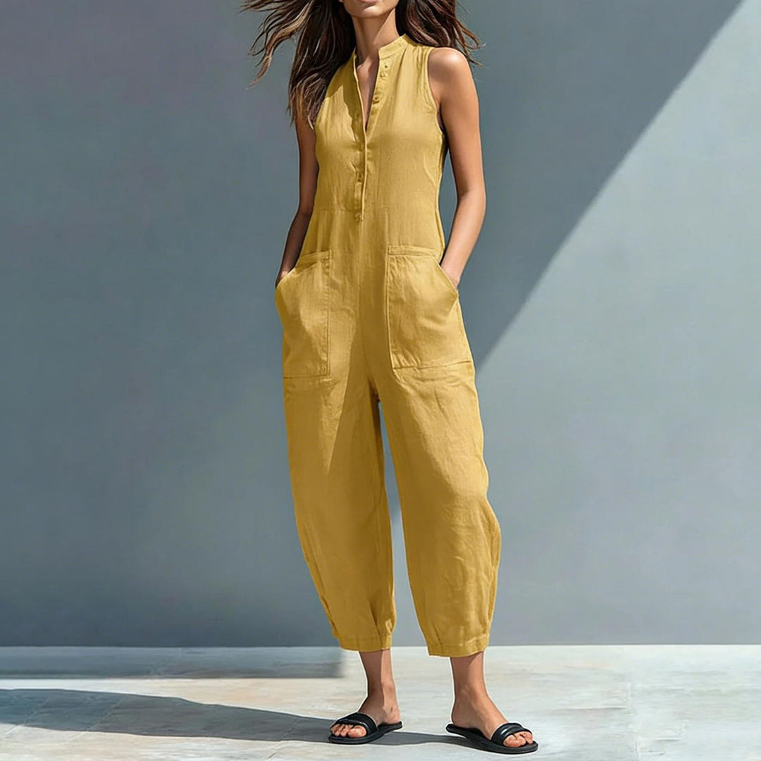Sleeveless Jumpsuits for Women Button Front Stand Collar Sleeveless Loose Wide Leg Jumpsuit for Vacation classical