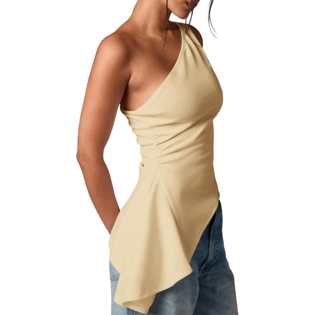 Off Shoulder Ruffle Top Asymmetrical Neck Summer Going Out Sexy Elegant Ruched Sleeveless Tops for Datng friendly