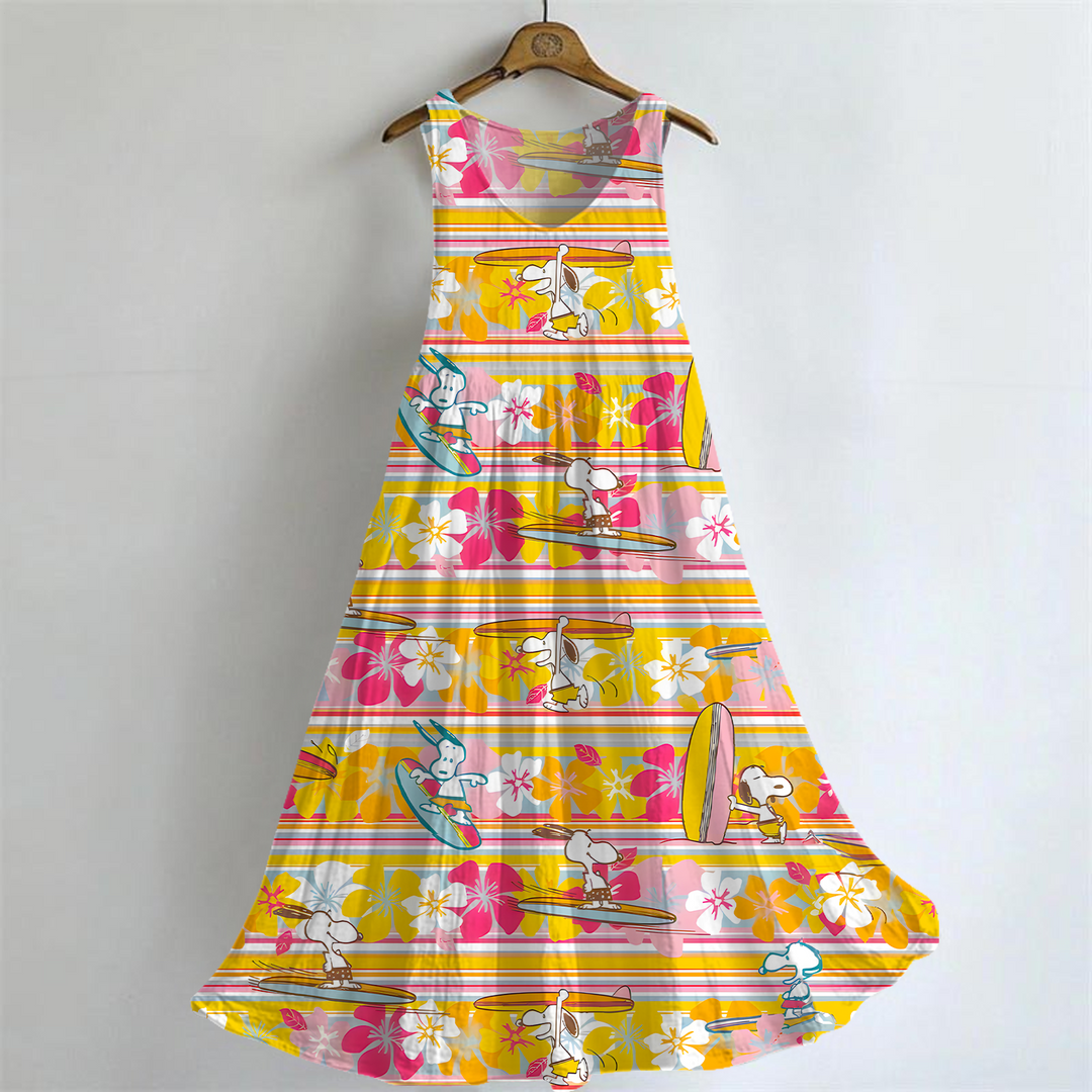 Fun vacation surfing with Snoopy V-neck Bamboo Linen Sleeveless Dress