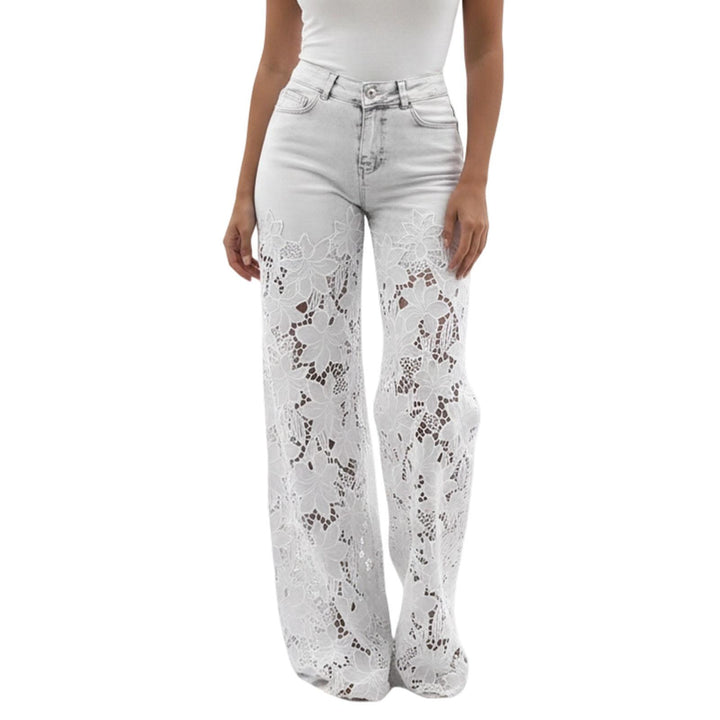 Lace Jeans for Women Hollow Lace Spliced High Waisted Fashion Jeans Loose Fit Denim Pants for Daily Wear exceptional