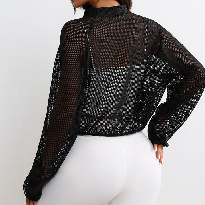 Sheer Mesh Jacket Women Mock Neck Lightweight Casual Zip Up Crop Jacket Summer Athletic Outerwear for Yoga boosted