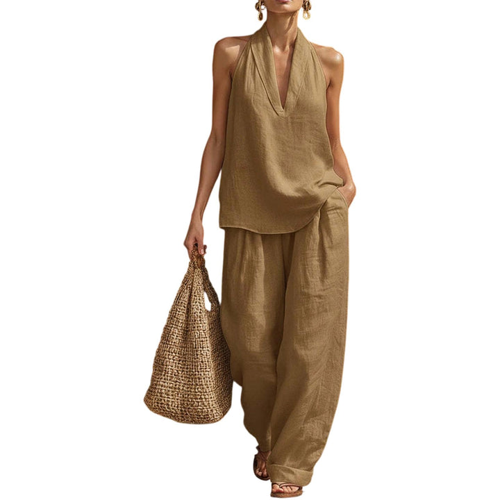 Summer Outfits for Women 2 Piece Set Deep V Neck Sleeveless Loose Fit Halter Top and Wide Leg Pants for Beach classical