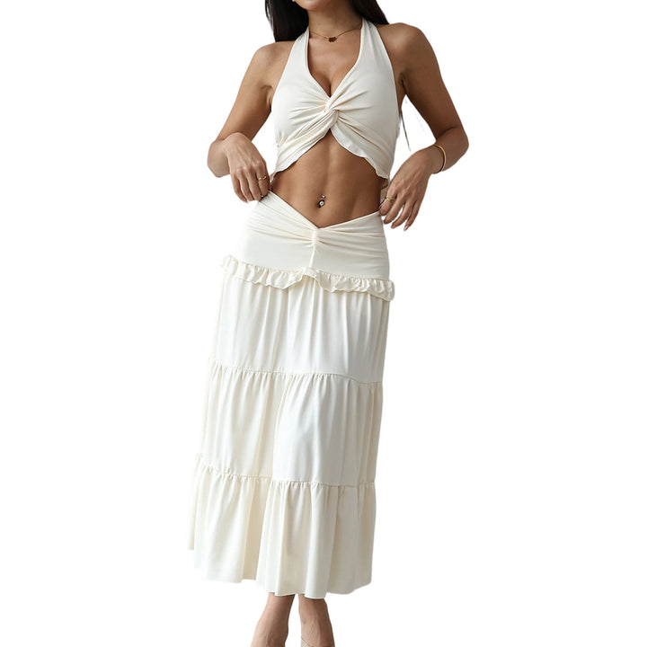 Matching Skirt and Top Set Two Piece Twist Front Sleeveless Halter Top and Pleated Swing Skirt for Vacation graceful