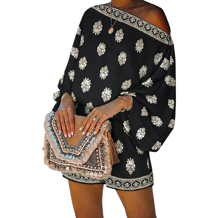 Boho Rompers for Women Off The Shoulder Casual Boho Jumpsuit Loose Lantern Sleeve Rompers for Vacation Beach ingenious