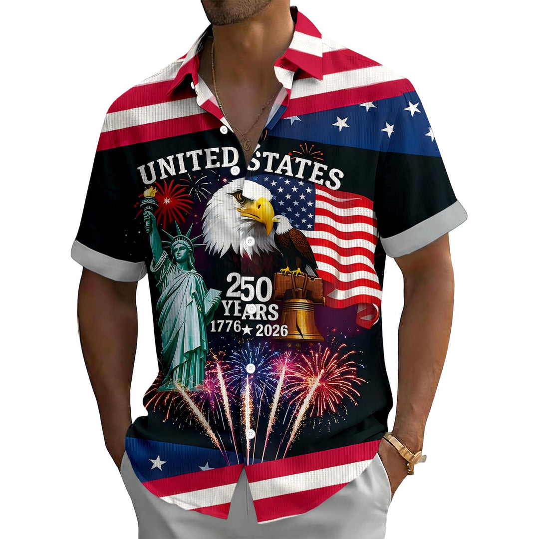 Patriotic Button Up Shirts for Men Flag 250 Years Lapel Short Sleeve Casual Trendy Hawaiian Shirts for Travel useful