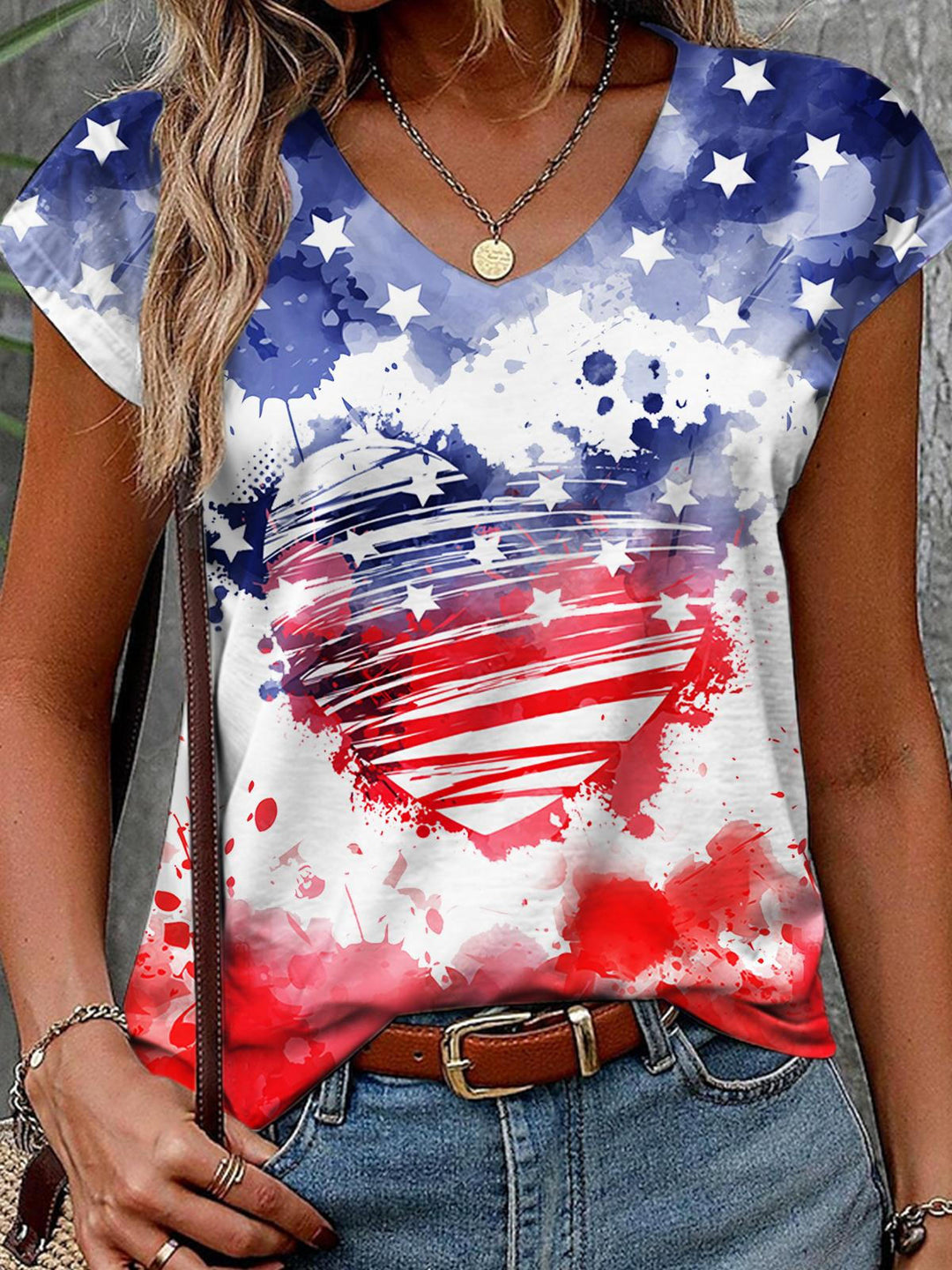 American Flag Heart Print Casual Top