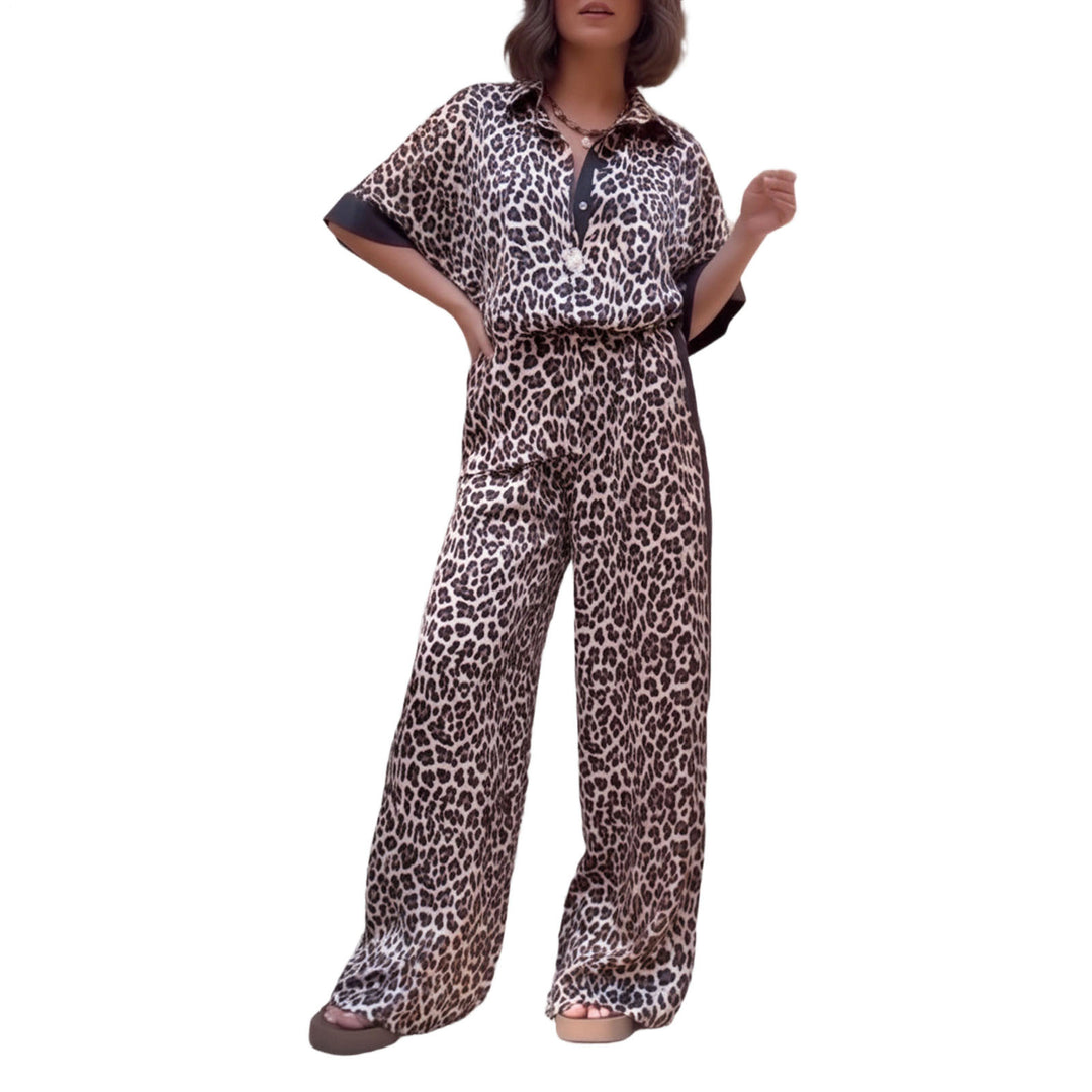 Womens Lounge Set 2 Piece Leopard Print Button Down Shirt with Palazzo Pants Going Out Outfit Streetwear fun