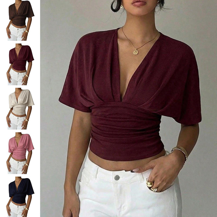 Cinch Waist Tops for Women Ruched Deep V Neck Crop Tops Sexy Summer T Shirts Short Sleeve for Travel Dating original