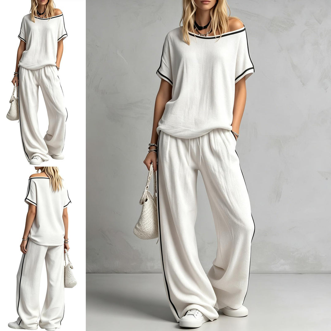 Two Piece Lounge Set for Women Color-Blocked Short Sleeve Top Loose Fit Wide Leg Pants Macthing Set for Daily right